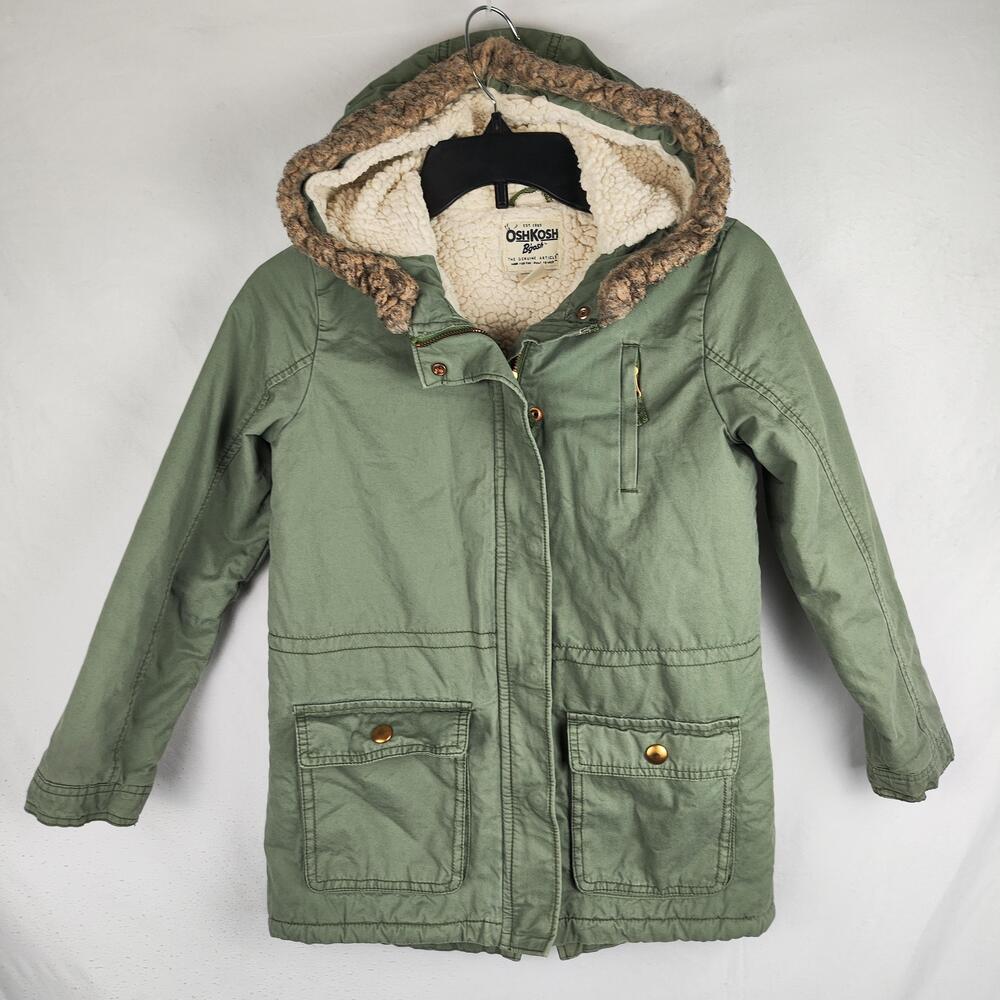 OshKosh B'gosh Jacket Youth 10-12 Green Hooded Sherpa Lined Canvas Parka Coat